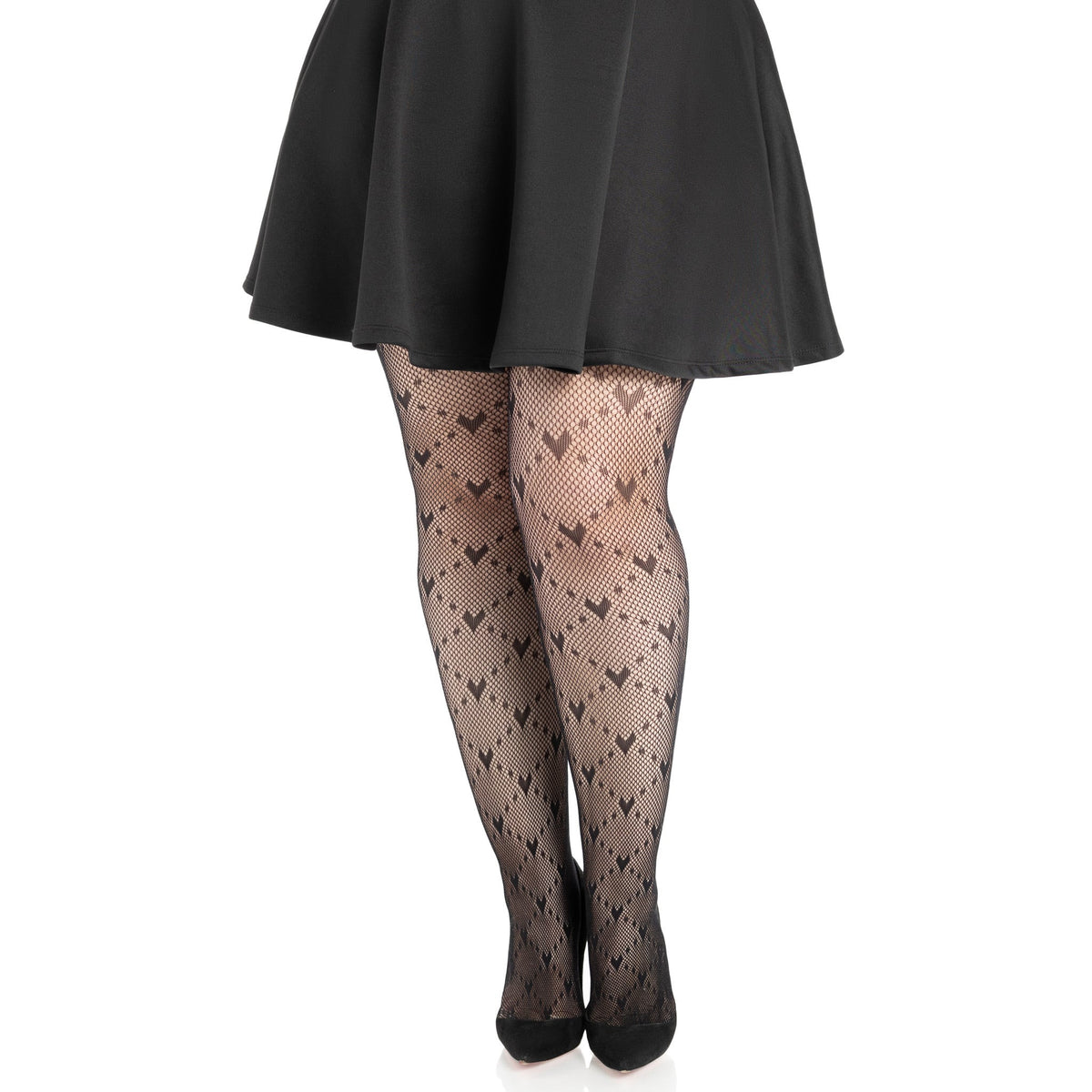 Front view of black plus size heart net tights - Golddiggers Boutique