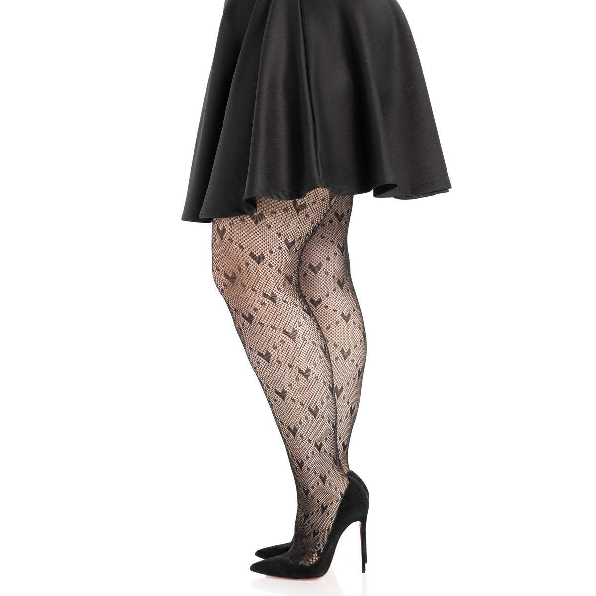 Side view of black plus size heart net tights - Golddiggers Boutique