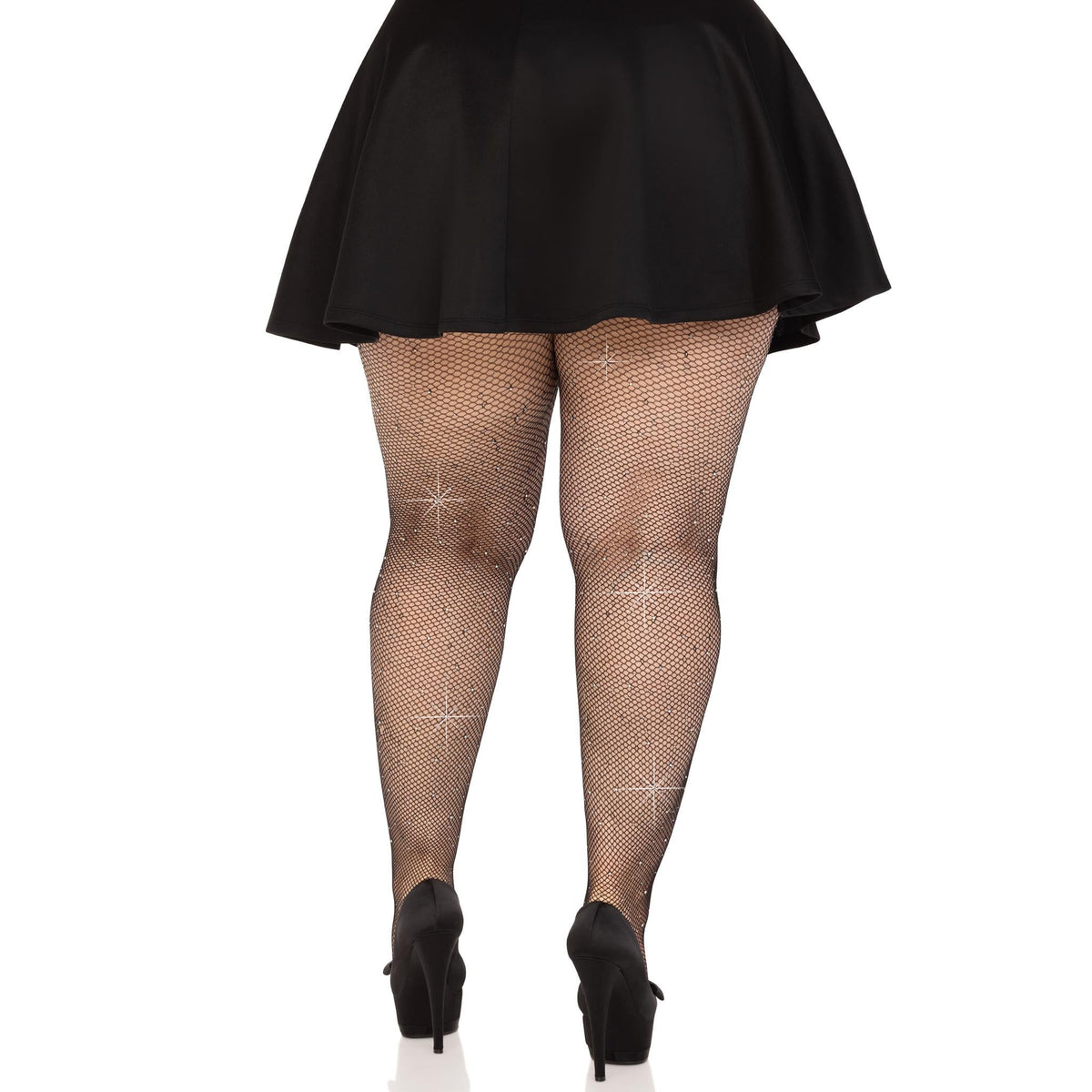 Back view of black plus size iridescent rhinestone fishnet tights - Golddiggers Boutique