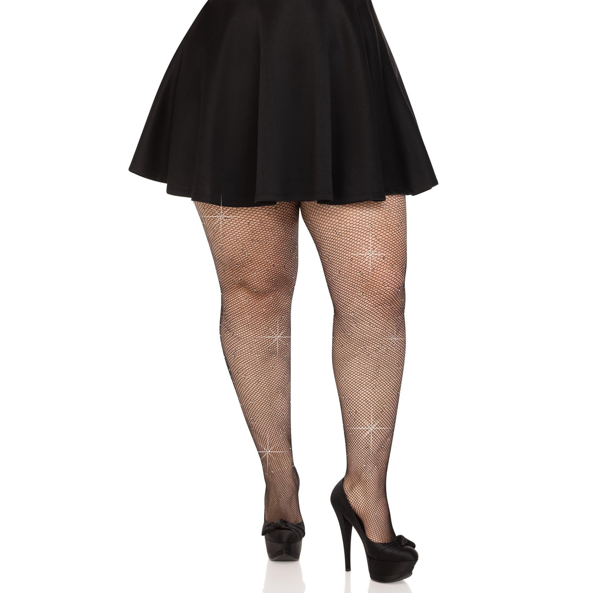 Front view of black plus size iridescent rhinestone fishnet tights - Golddiggers Boutique
