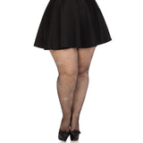 Front view of black plus size iridescent rhinestone fishnet tights - Golddiggers Boutique
