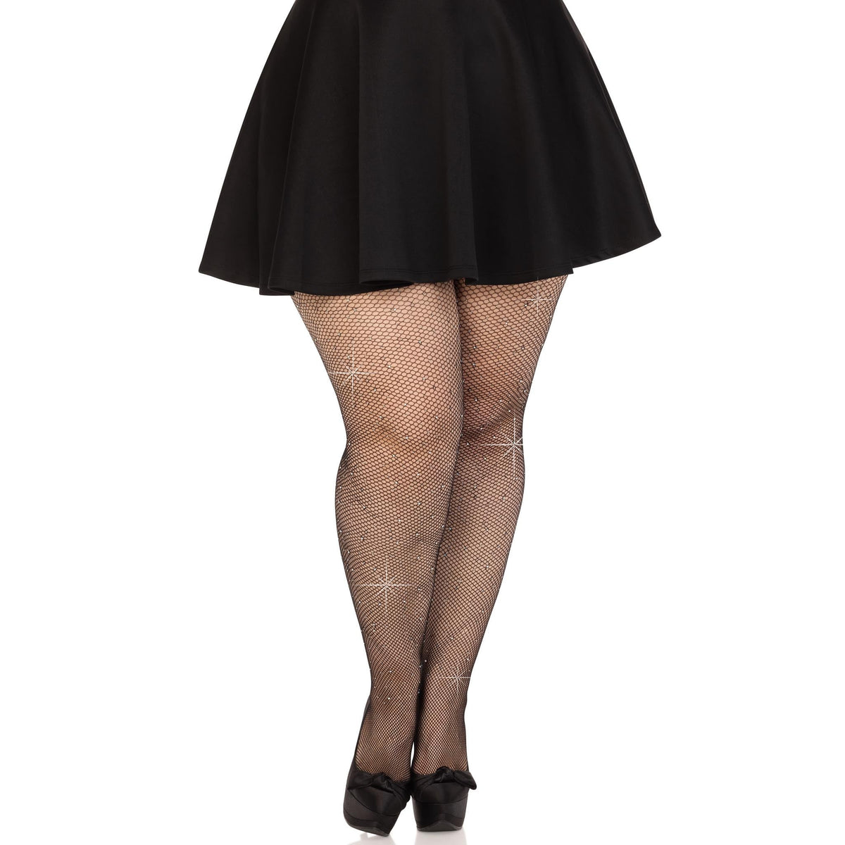 Front view of black plus size iridescent rhinestone fishnet tights - Golddiggers Boutique