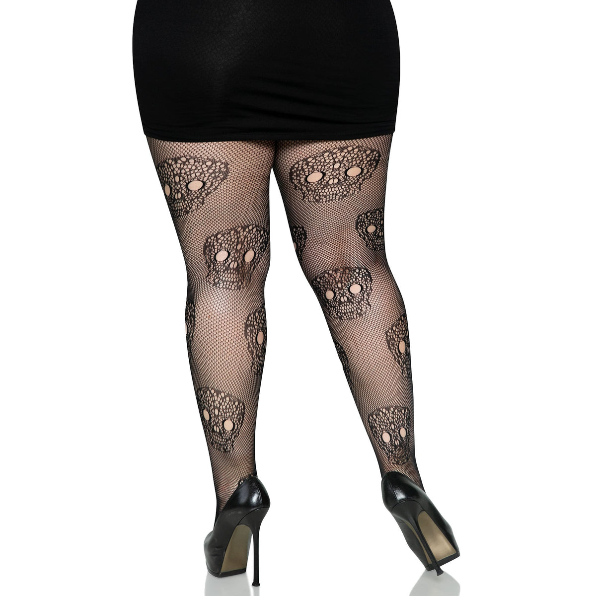 Back view of black plus size lace skull fishnet tights - Golddiggers Boutique