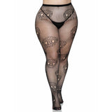 Front view of black plus size lace skull fishnet tights - Golddiggers Boutique