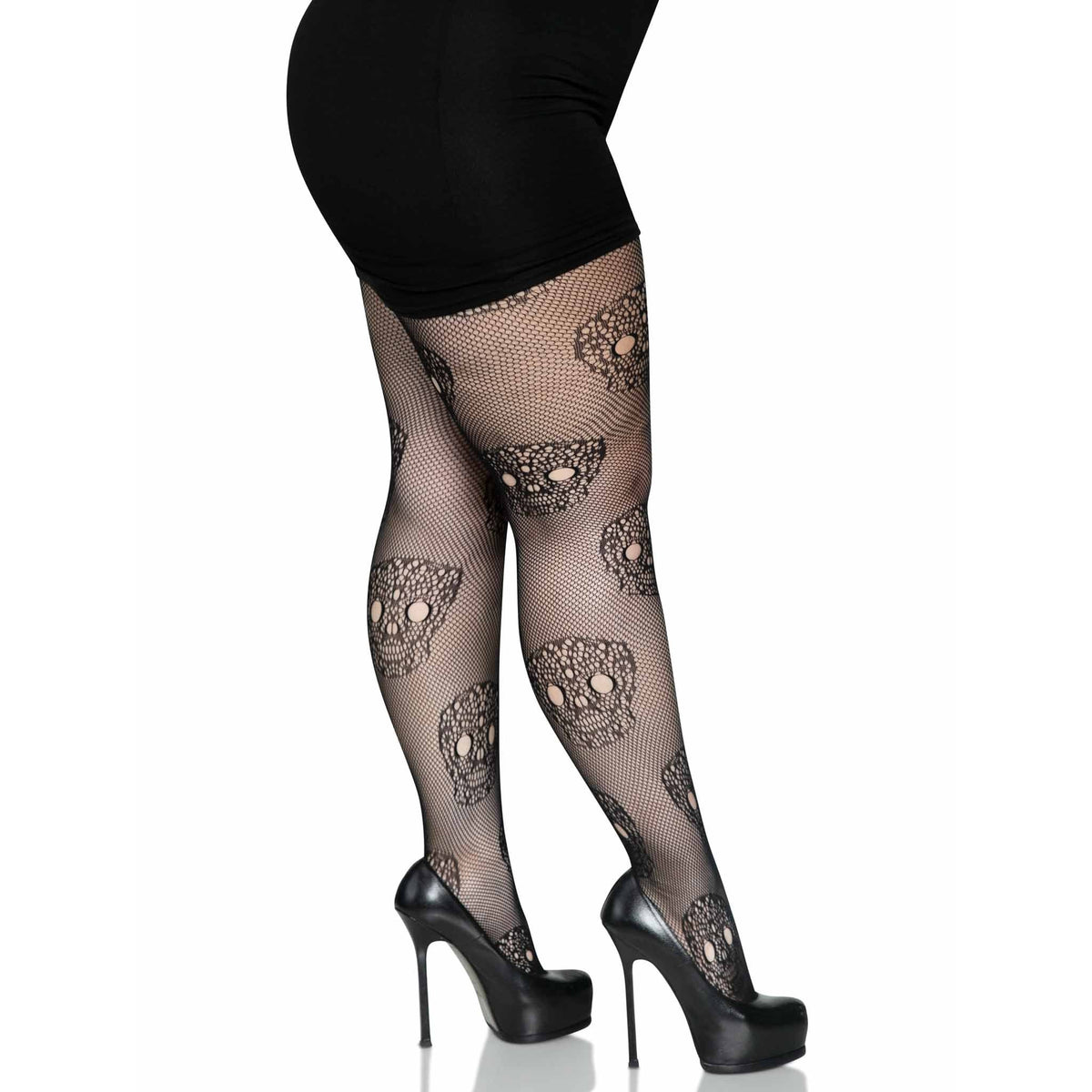 Side view of black plus size lace skull fishnet tights - Golddiggers Boutique
