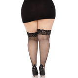 Back view of black plus size lace top fishnet stay-up thigh highs - Golddiggers Boutique