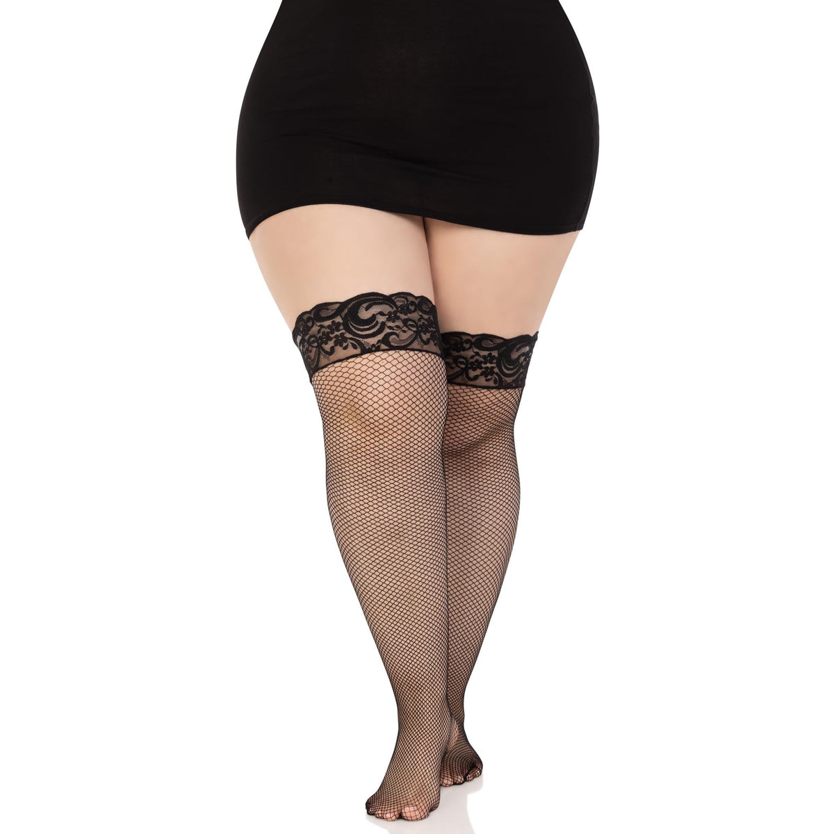 Front view of black plus size lace top fishnet stay-up thigh highs - Golddiggers Boutique