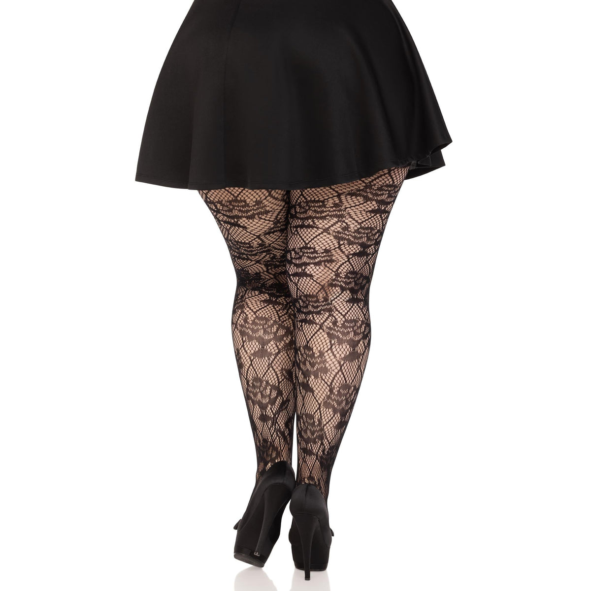 Back view of black plus size rose net tights - Golddiggers Boutique