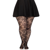 Front view of black plus size rose net tights - Golddiggers Boutique