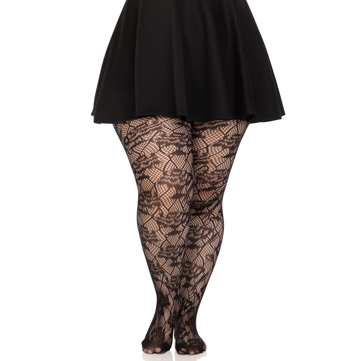 Front view of black plus size rose net tights - Golddiggers Boutique