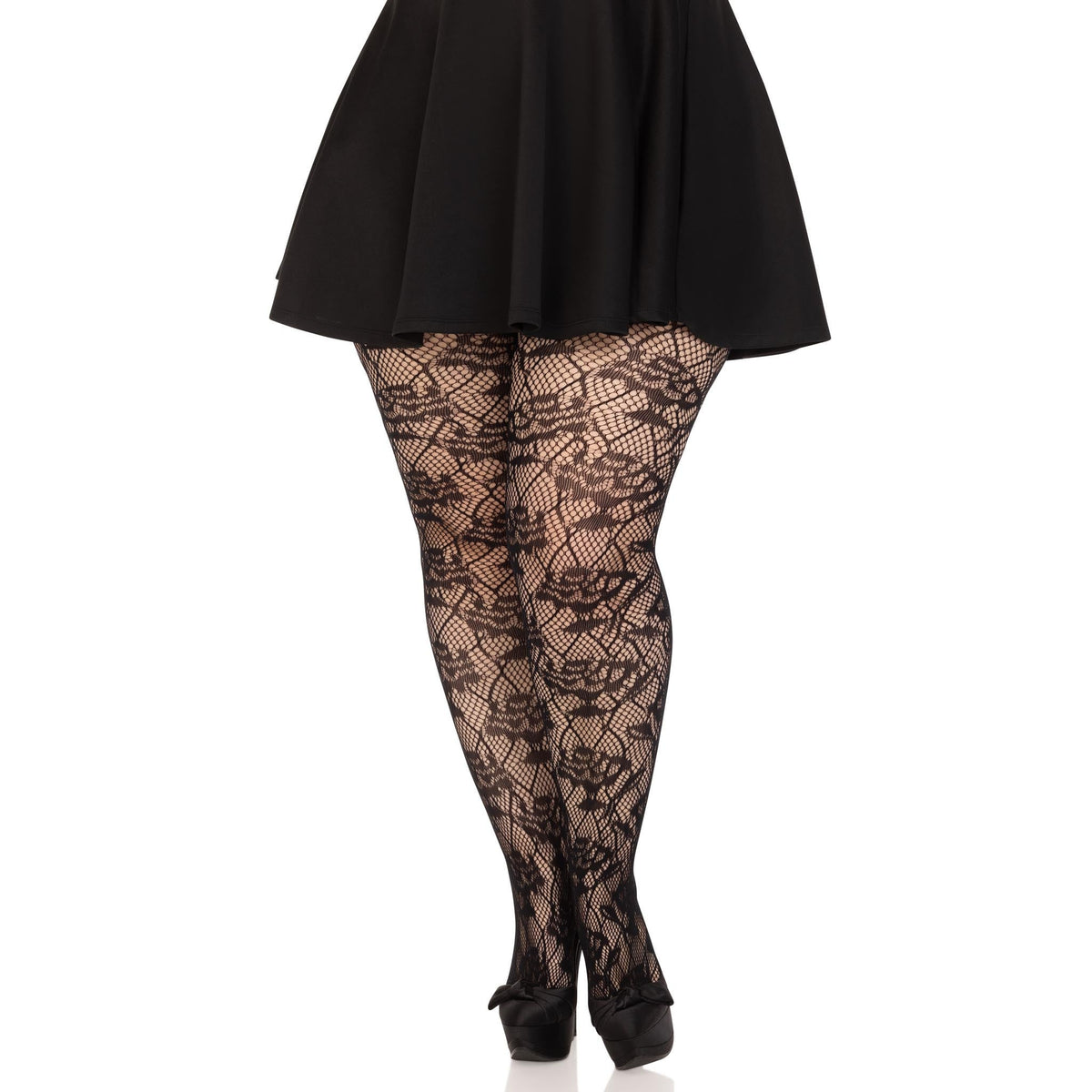 Front view of black plus size rose net tights - Golddiggers Boutique