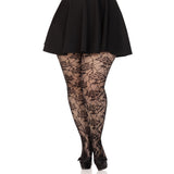 Front view of black plus size rose net tights - Golddiggers Boutique