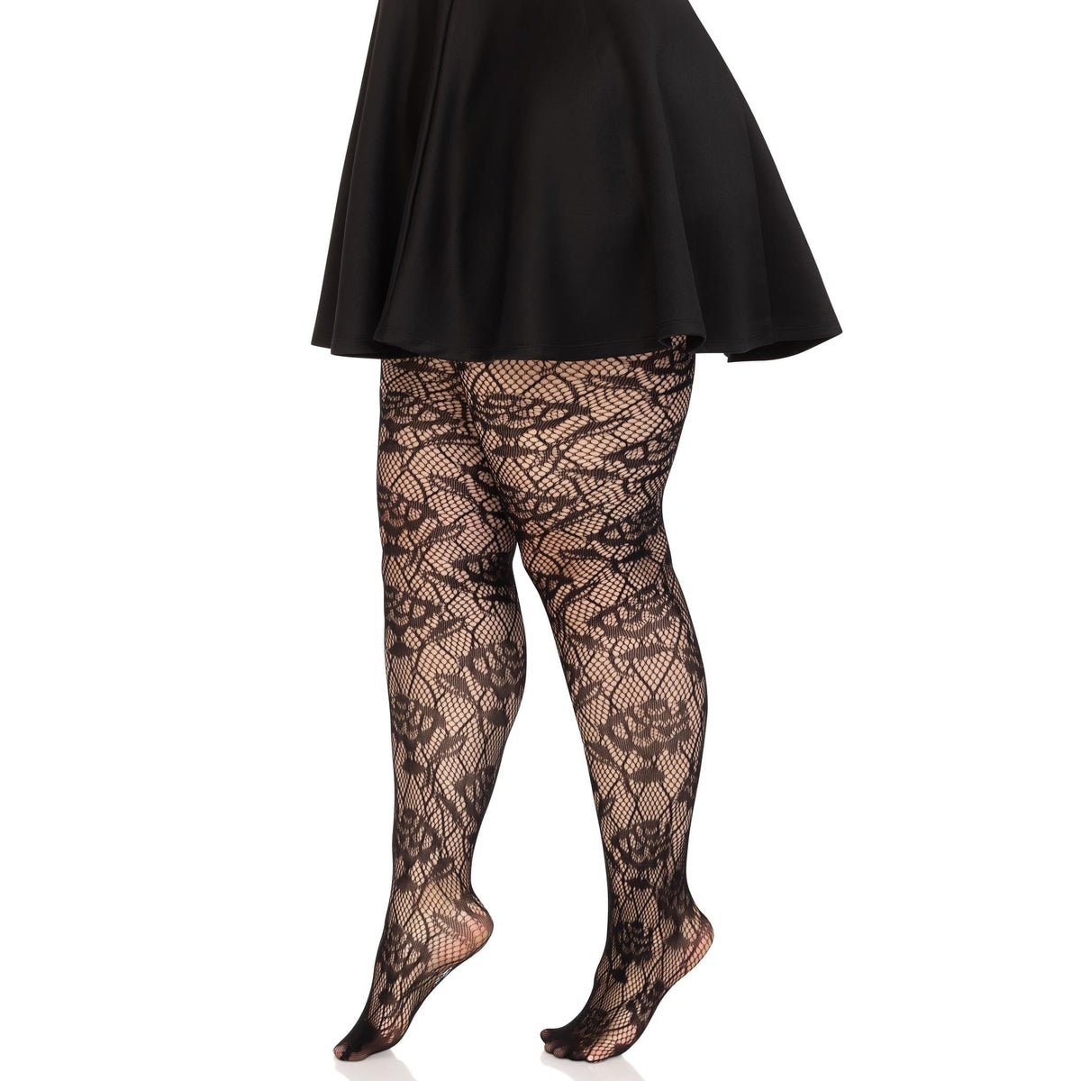 Side view of black plus size rose net tights - Golddiggers Boutique