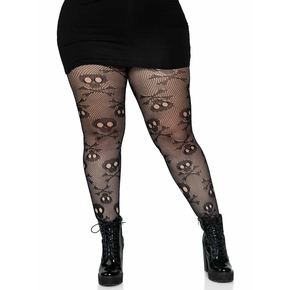 Front view of black plus size skull net tights - Golddiggers Boutique
