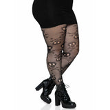 Side view of black plus size skull net tights - Golddiggers Boutique