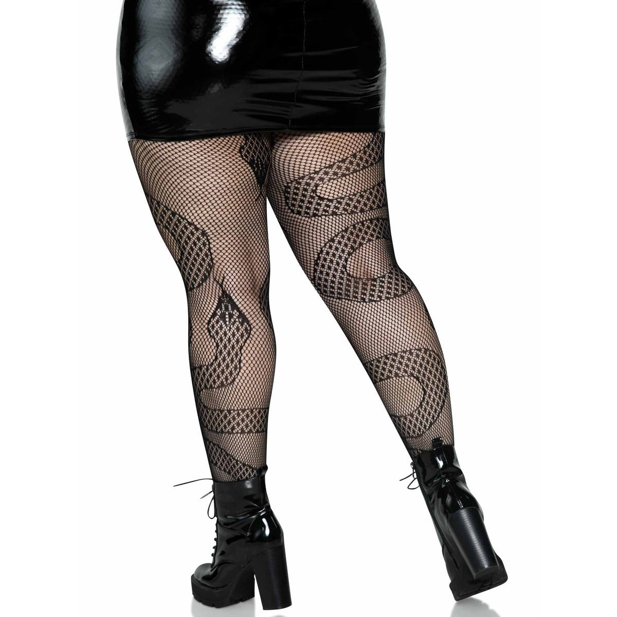 Back view of black plus size snake net tights - Golddiggers Boutique
