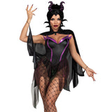 Close front view of black and purple evil enchantress costume with horns and cape - Golddiggers Boutique