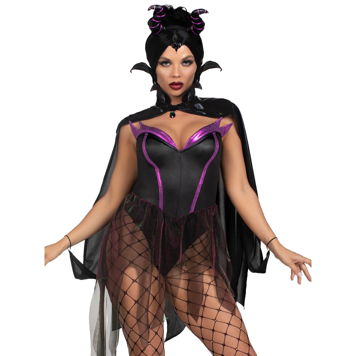 Close front pose of black and purple evil enchantress costume with horns and cape - Golddiggers Boutique