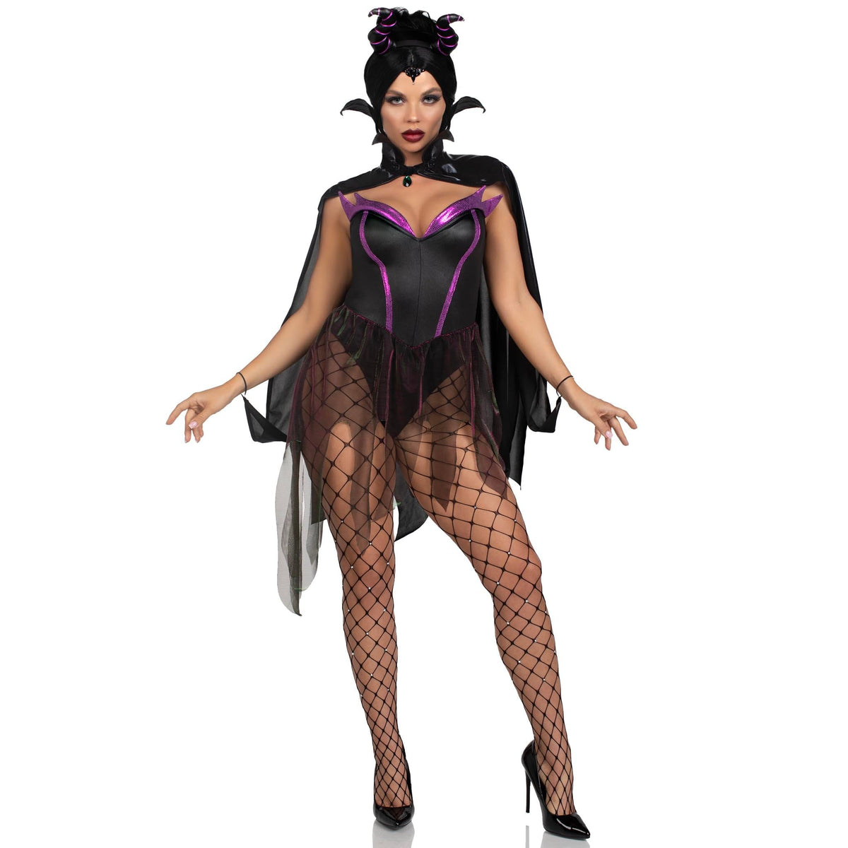 Front pose of black and purple evil enchantress costume with horns and cape - Golddiggers Boutique
