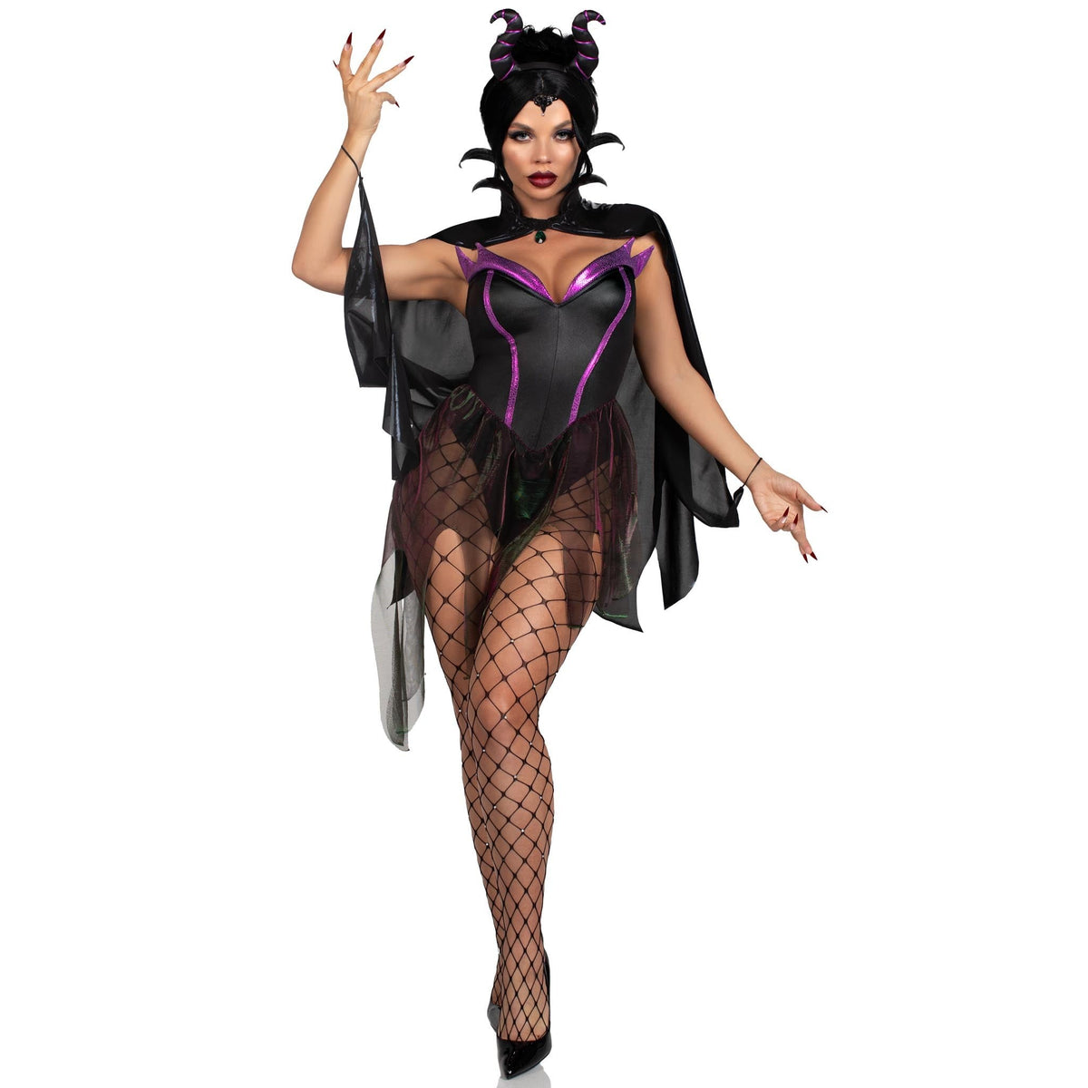 Front view of black and purple evil enchantress costume with horns and cape - Golddiggers Boutique