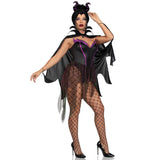Side view of black and purple evil enchantress costume with horns and cape - Golddiggers Boutique