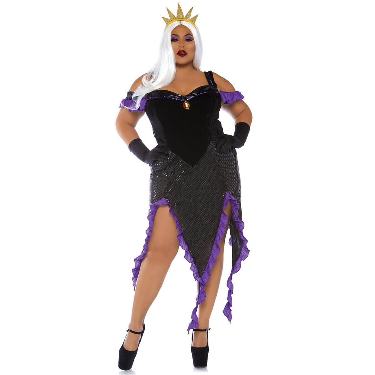 Detail view of black and purple sea witch costume in plus size - Golddiggers Boutique