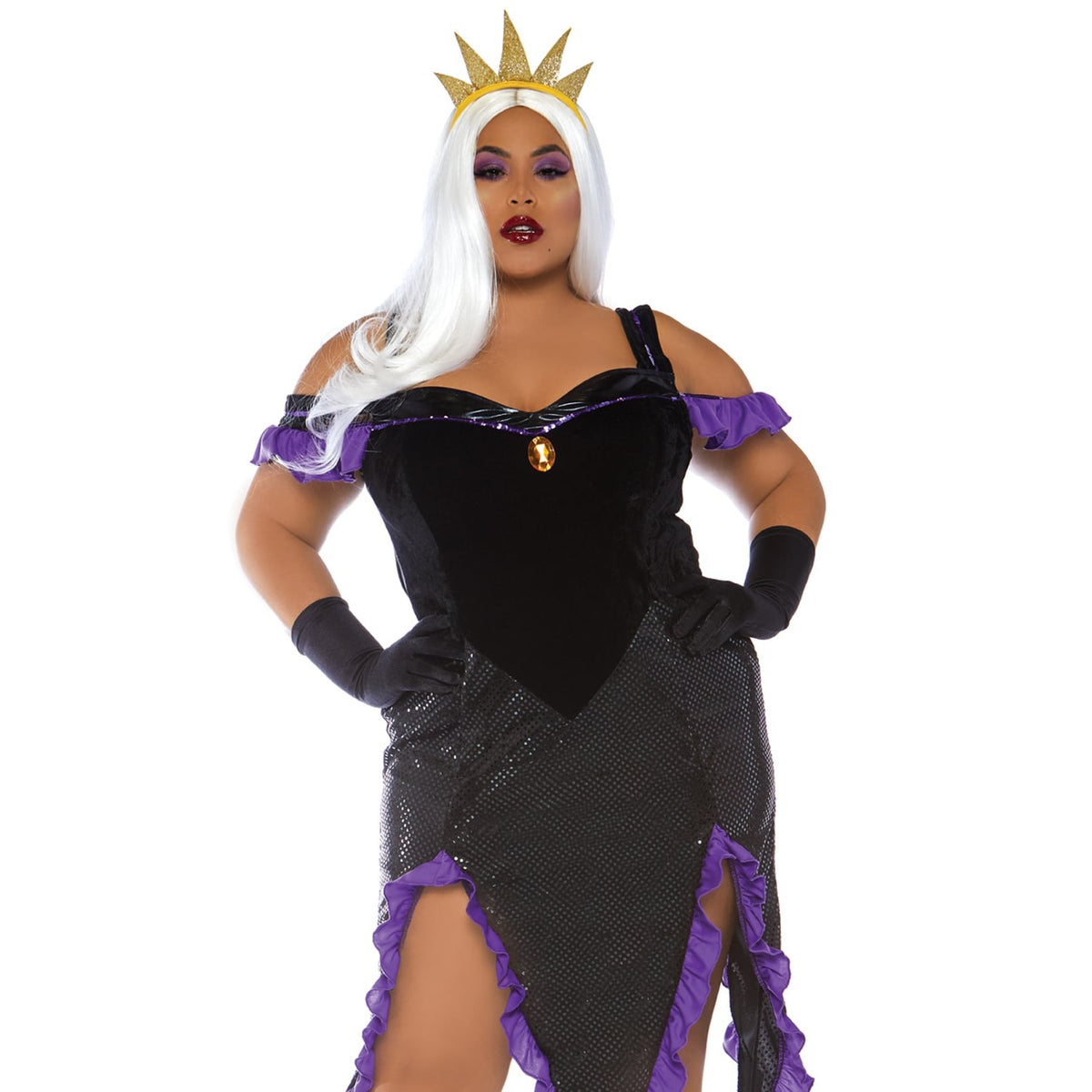 Front view of black and purple sea witch costume in plus size - Golddiggers Boutique