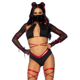 Close front view of black and red ninja costume with mesh sleeve top and face mask - Golddiggers Boutique