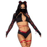 Close front pose of black and red ninja costume with mesh sleeve top and face mask - Golddiggers Boutique