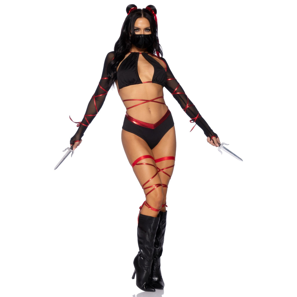 Front pose of black and red ninja costume with mesh sleeve top and face mask - Golddiggers Boutique