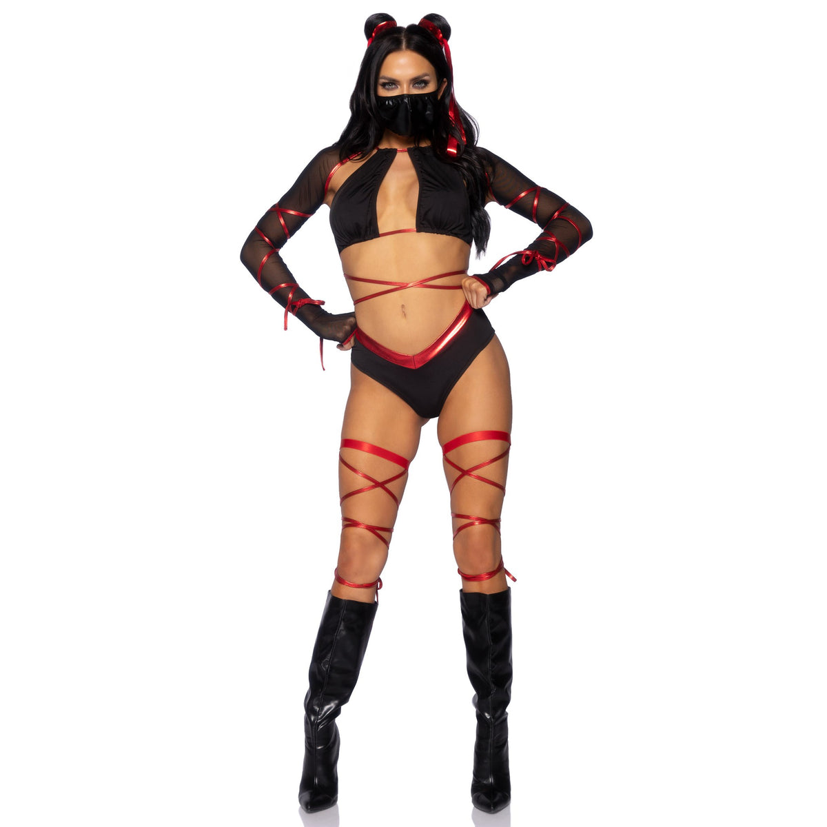 Front view of black and red ninja costume with mesh sleeve top and face mask - Golddiggers Boutique