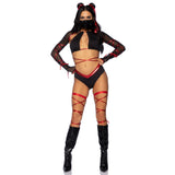 Front view of black and red ninja costume with mesh sleeve top and face mask - Golddiggers Boutique