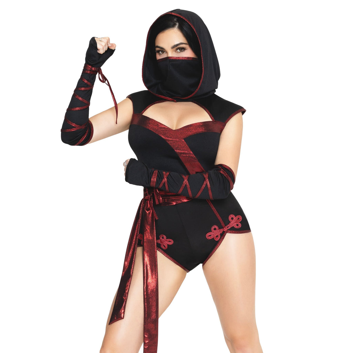 Close front view of black and red ninja costume romper with waist sash and hooded face mask - Golddiggers Boutique