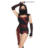 Close front pose of black and red ninja costume romper with waist sash and hooded face mask - Golddiggers Boutique