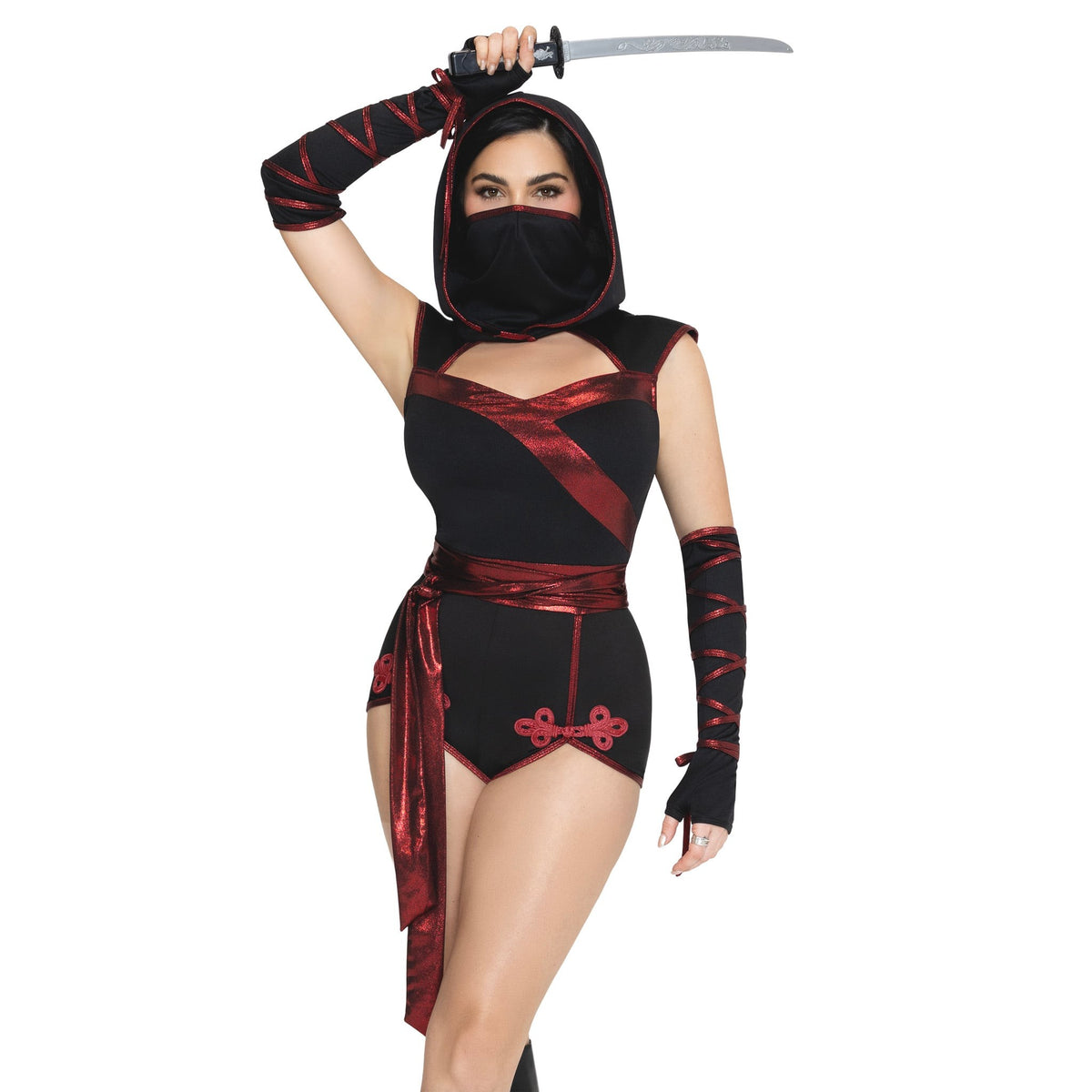 Close front pose of black and red ninja costume romper with waist sash and hooded face mask - Golddiggers Boutique