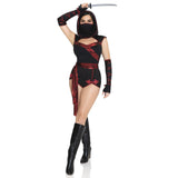 Front pose of black and red ninja costume romper with waist sash and hooded face mask - Golddiggers Boutique