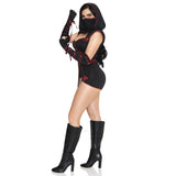 Side view of black and red ninja costume romper with waist sash and hooded face mask - Golddiggers Boutique