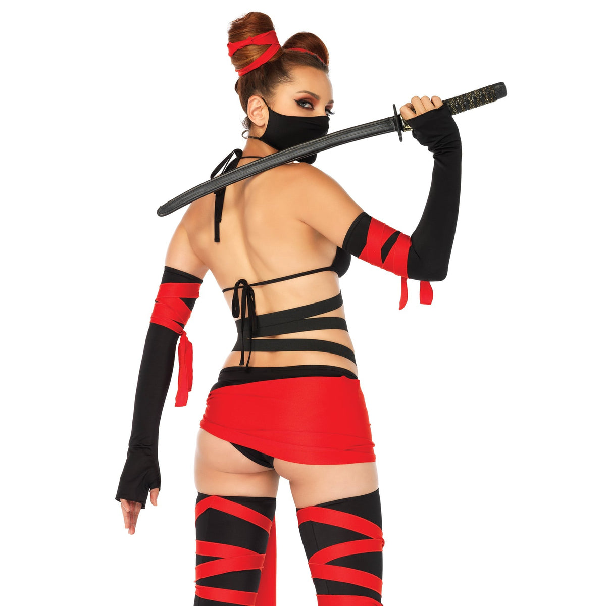 Detail view of black and red ninja costume strappy bodysuit - Golddiggers Boutique