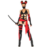 Detail view of black and red ninja costume strappy bodysuit - Golddiggers Boutique