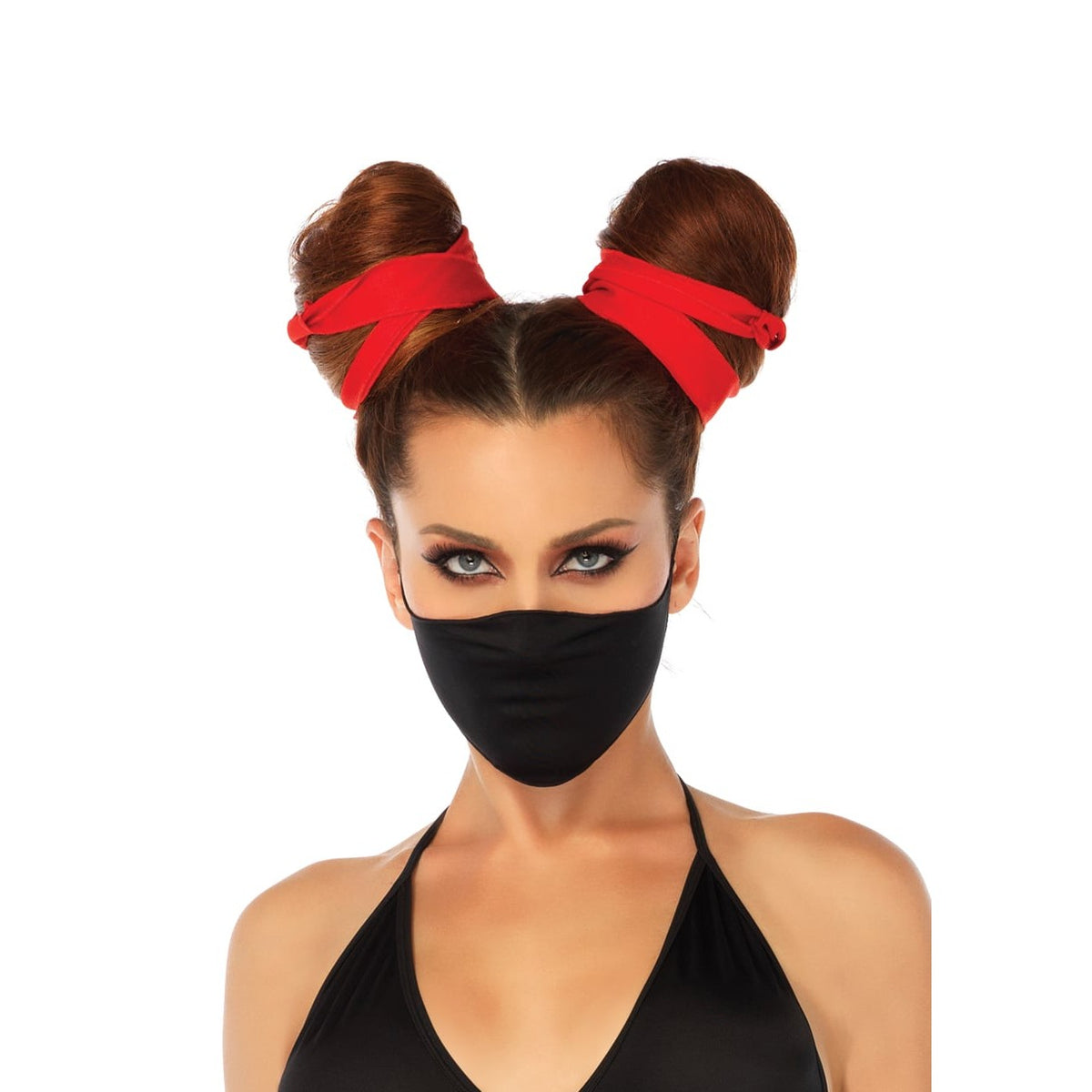 Detail view of black and red ninja costume strappy bodysuit - Golddiggers Boutique