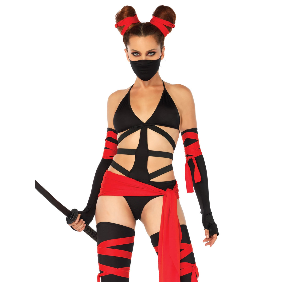 Front view of black and red ninja costume strappy bodysuit - Golddiggers Boutique