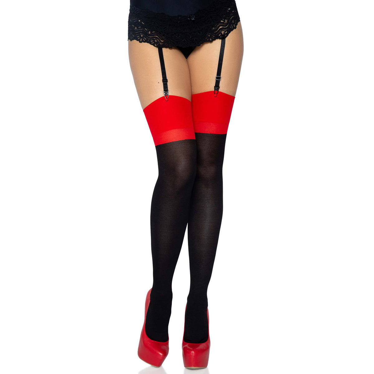 Front view of black & red opaque cuban heel backseam stockings - Golddiggers Boutique