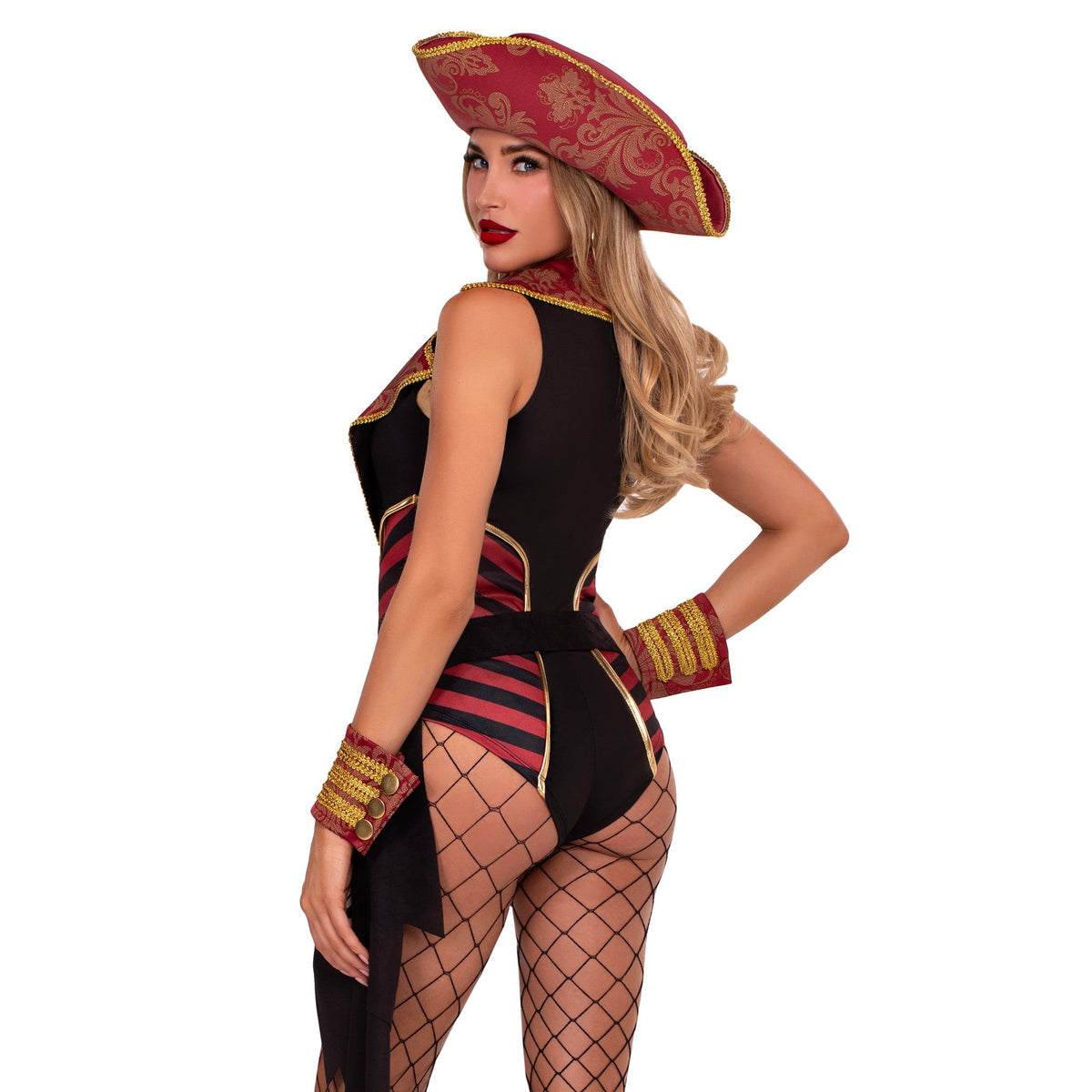 Close back view of black and red pirate bodysuit costume with pirate hat - Golddiggers Boutique