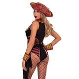 Close back view of black and red pirate bodysuit costume with pirate hat - Golddiggers Boutique