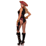 Back view of black and red pirate bodysuit costume with pirate hat - Golddiggers Boutique