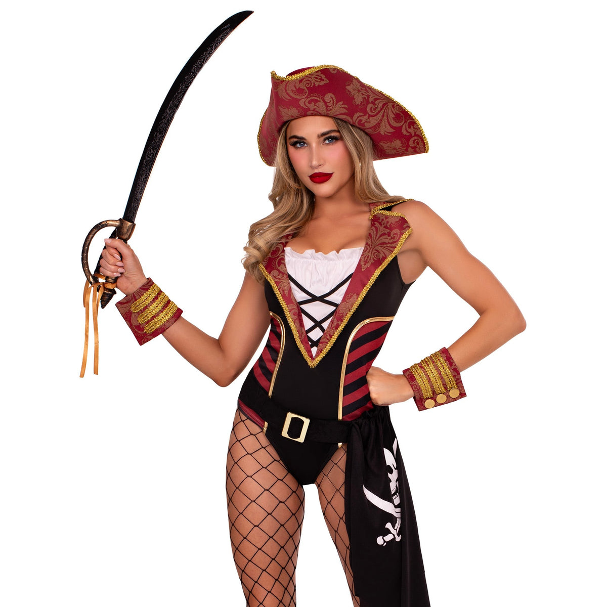 Close front view of black and red pirate bodysuit costume with pirate hat - Golddiggers Boutique
