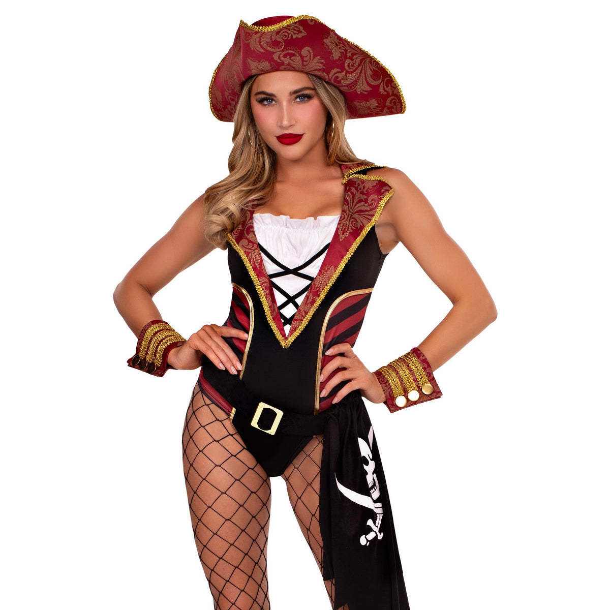 Close front pose of black and red pirate bodysuit costume with pirate hat - Golddiggers Boutique