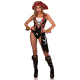 Front pose of black and red pirate bodysuit costume with pirate hat - Golddiggers Boutique