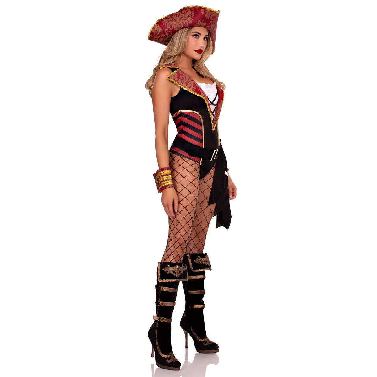 Side view of black and red pirate bodysuit costume with pirate hat - Golddiggers Boutique