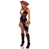 Side view of black and red pirate bodysuit costume with pirate hat - Golddiggers Boutique
